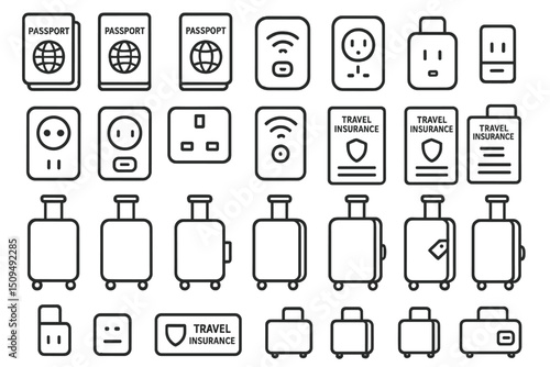 Travel essentials for international trips with luggage, passports, and travel insurance documents displayed in a clear layout