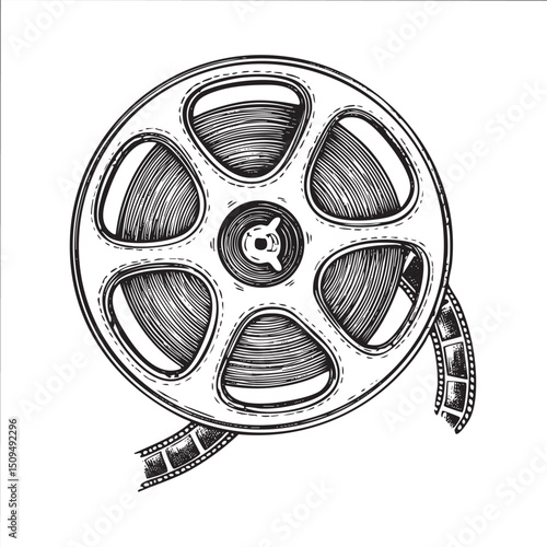 detailed black and white depicts a vintage film reel with exposed edges.