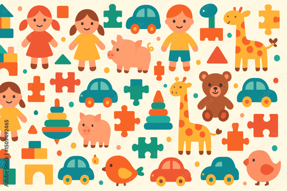 Fototapeta premium Colorful playground illustration with animals, toys, and cheerful children on a light background