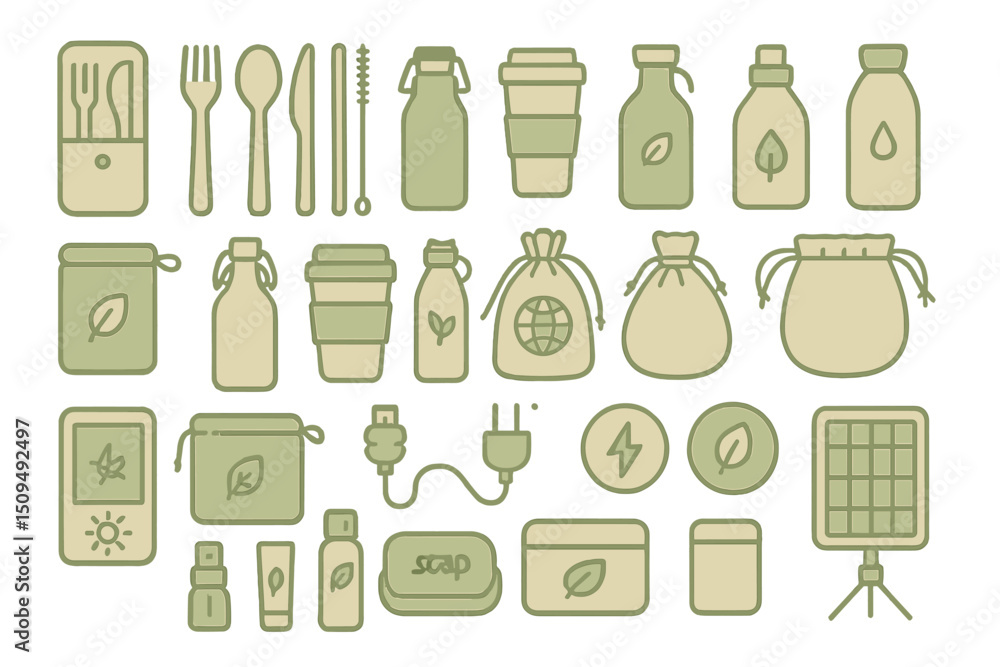 Collection of eco-friendly items such as reusable containers, utensils, and solar chargers arranged on white background Collection of eco-friendly items such as reusable containers, utensils, and solar chargers arranged on white background
