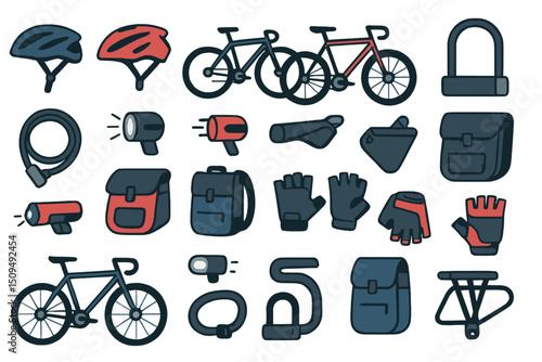 Biking gear collection featuring helmets, bikes, locks, and accessories displayed in various colors and styles