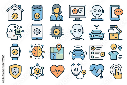 Exploring the integration of artificial intelligence in daily life through diverse tech symbols and icons