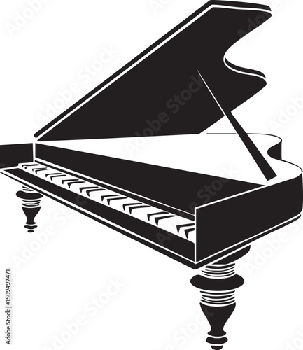 black and white silhouette of an upright piano with its lid open.
