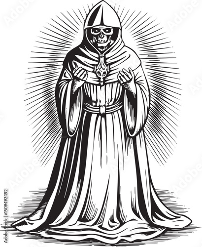 hooded figure with a skull face holds a glowing orb.