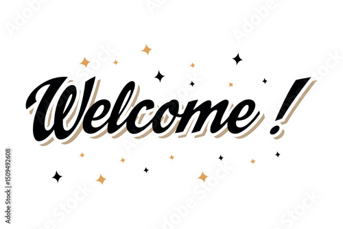 Make a bold first impression with this cheerful “Welcome” ink lettering sign, featuring dynamic handwritten modern brush lettering accented with stars on a clean white background. This isolated vector