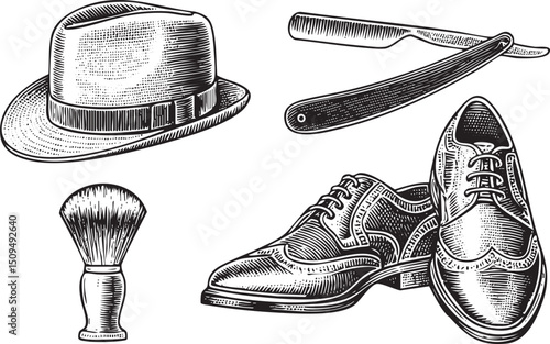black and white depicts a hat razor brush and shoe.