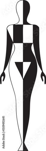 stylized female figure is divided into contrasting black and white geometric shapes.