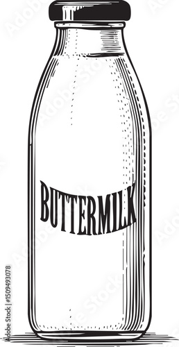 black and white glass bottle displays the word ‘BUTTERMILK’.