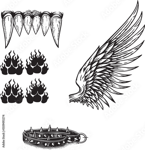 Black and white elements depicting teeth paws a wing and a spiked collar.