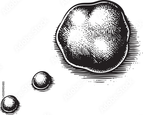 large textured sphere rests on a white surface with two smaller spheres nearby.