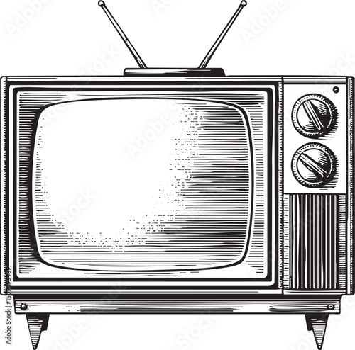 vintage television set with antenna and controls stands on a wooden base.