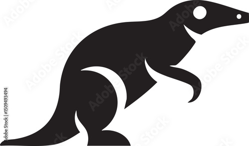 stylized silhouette of a dinosaur stands confidently on two legs.