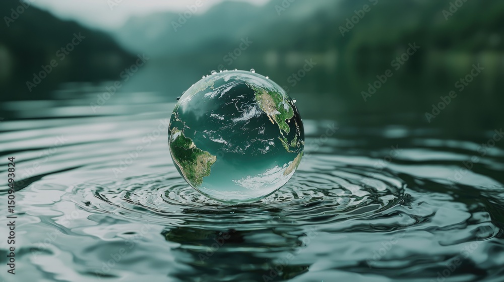 Earth globe resting gently on rippled water surface. Earth globe resting gently on rippled water surface.