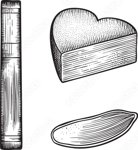Three wooden blocks a cheese wedge and a nut are arranged in a linear composition.