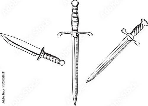 Three antique blades are arranged on a white background.