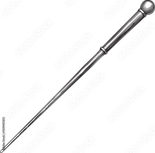 long slender silver walking stick extends upwards with a decorative knob at its end.