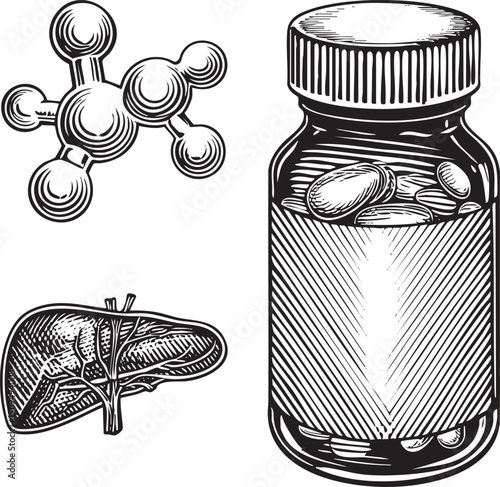black and white depicts a molecule a bottle of pills and a stylized human liver.