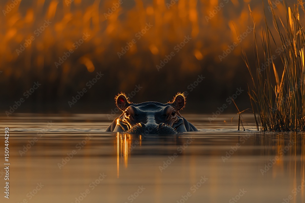 Fototapeta premium Hippopotamus in golden sunrise