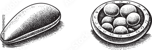 Two stylized dark-toned pebbles rest on a circular platter with multiple small spheres.