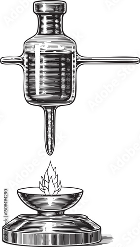 detailed depicts a complex apparatus dispensing a small burning leaf.