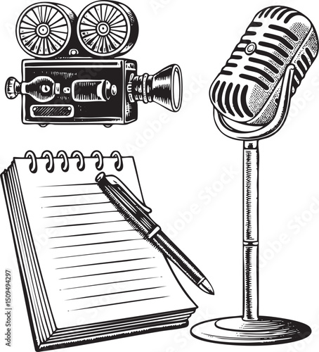 vintage camera microphone and notebook with a pen rest on a wooden surface.