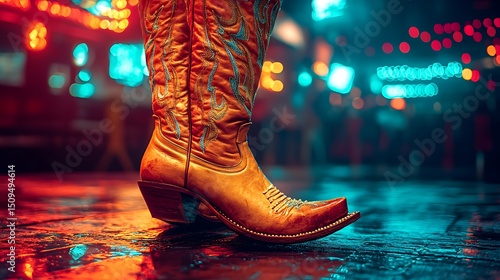 Cowboy Boot on Dance Floor  Nightlife with Country Music, Western, Neon Lights, and Club.