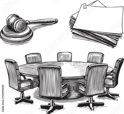 gavel rests on a table surrounded by legal documents and chairs.