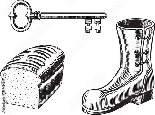 loaf of bread and a sturdy boot are depicted with a key.