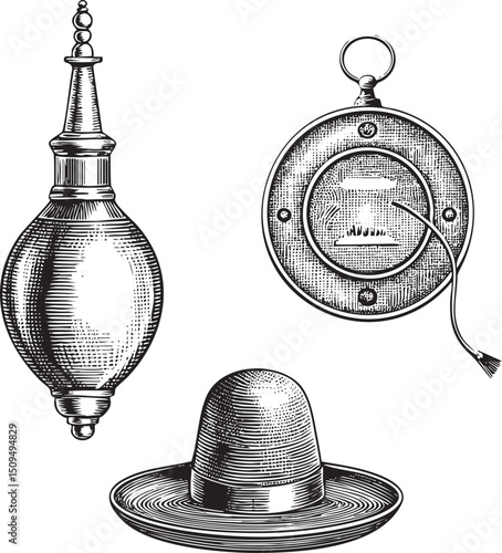 Vintage ornamental glass bulb antique pocket watch and a small conical cup rest on a circular plate.
