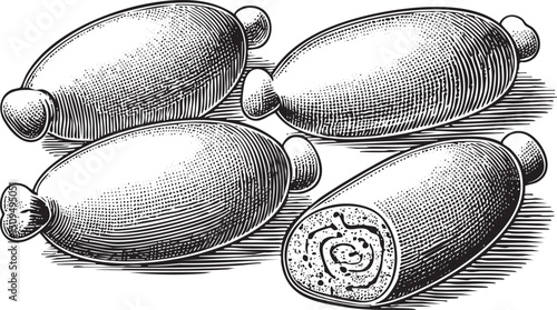 Four cylindrical sausages are displayed in a detailed black and white engraving.