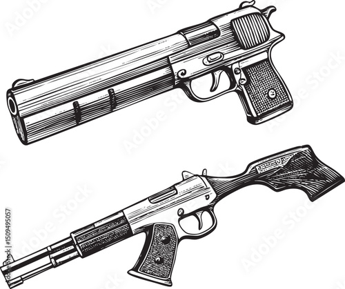 Two black and white firearms are displayed side-by-side.