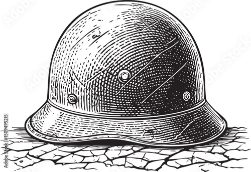weathered steel helmet rests on cracked earth.