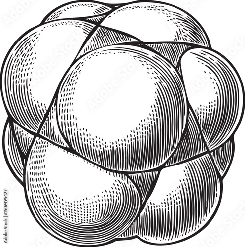 tightly woven circular bundle of dough forms a textured sphere.