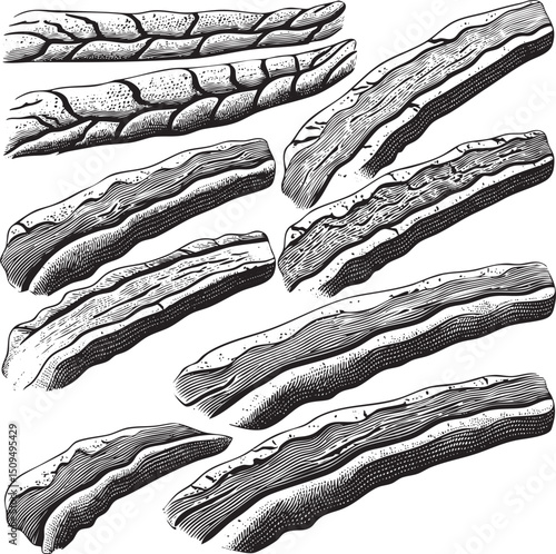 collection of stylized black and white strips representing breakfast bacon.