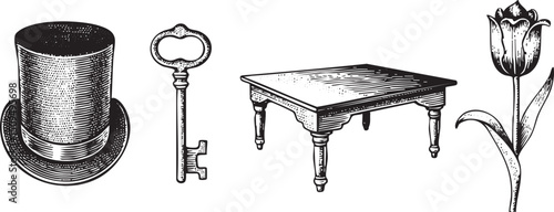vintage top hat key table and tulip bloom are arranged on a white surface.