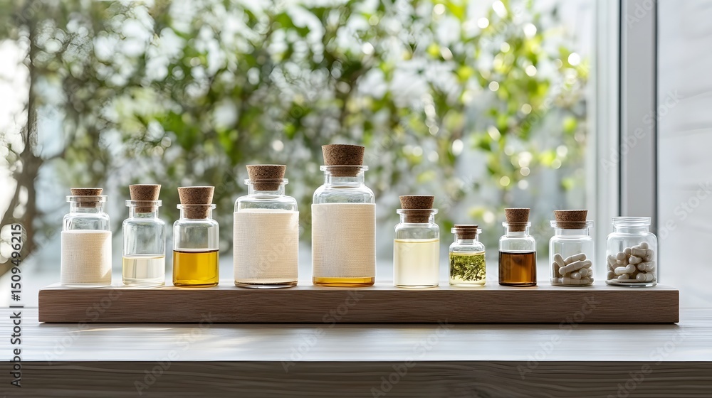 Natural Remedies Displayed on Wooden Shelf by Window Natural Remedies Displayed on Wooden Shelf by Window