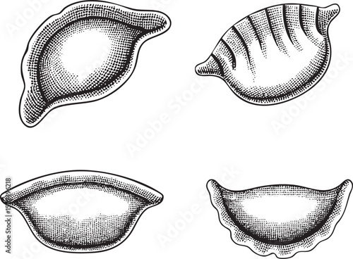 Four distinct dumplings rest on a clean white background.