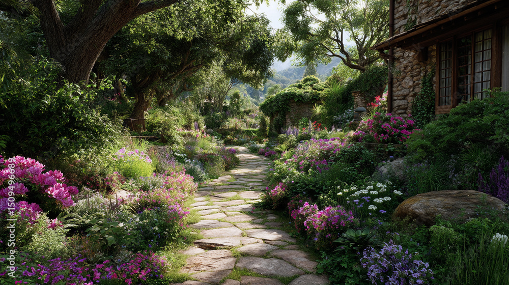 Obraz premium Vibrant flower garden pathway with stone walkway in serene landscape