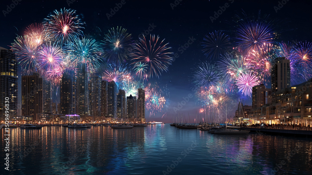 Fototapeta premium Colorful fireworks display over waterfront city at night