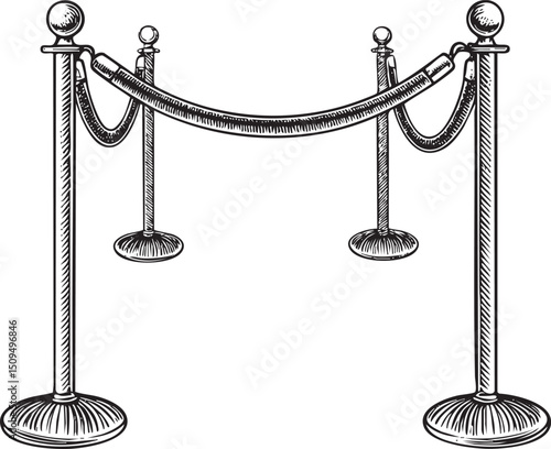 Two ornate velvet rope stands with a decorative chain barrier are displayed.