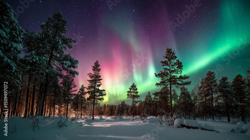 Wallpaper Mural Mesmerizing northern lights illuminate snow-covered forest at night Torontodigital.ca