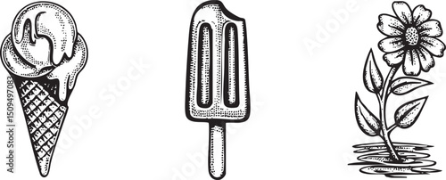 black and white sketch depicts an ice cream cone a popsicle and a blooming flower.