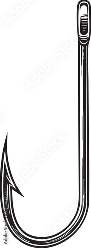 sleek curved fishing hook rests against a dark background.
