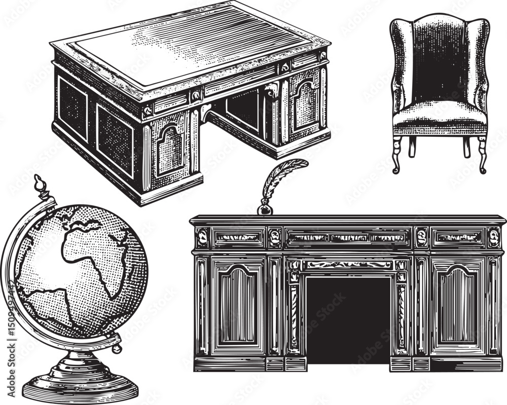 Fototapeta premium black and white depicts a desk chair globe and cabinet.