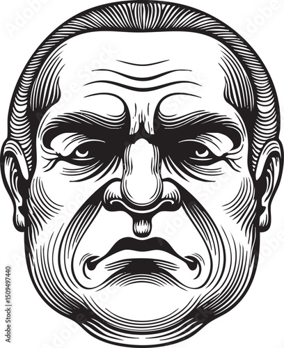 stern grayscale portrait of a man with furrowed brows and a serious expression.