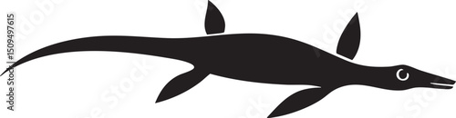 stylized silhouette of a long-necked reptile swims through water.