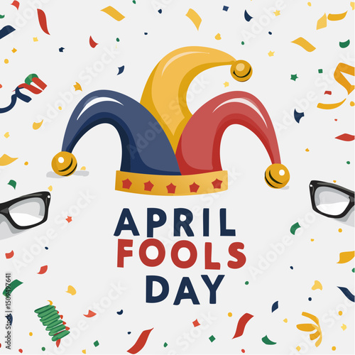 A whimsical April Fool’s design full of color and fun, with playful icons and cheerful text.