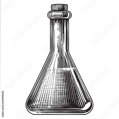 stark black and white depicts a conical flask with a threaded neck.