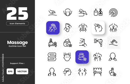 Massage Icon Set Collection - Outline Line Art Style. Containing Acupressure, Acupuncture, Aromatherapy, Massage, Face, Foot, Hand, Head, Herbal, Hot Stone, Infrared, Bed, Cream, Gun, Oil, Neck.