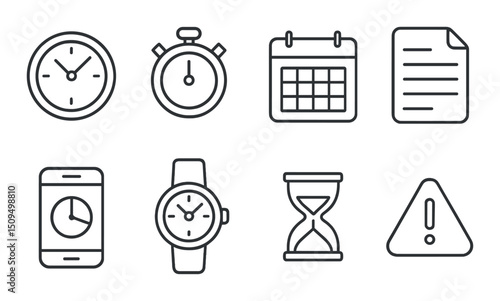 Time management outline icons set – schedule, productivity and planning symbols